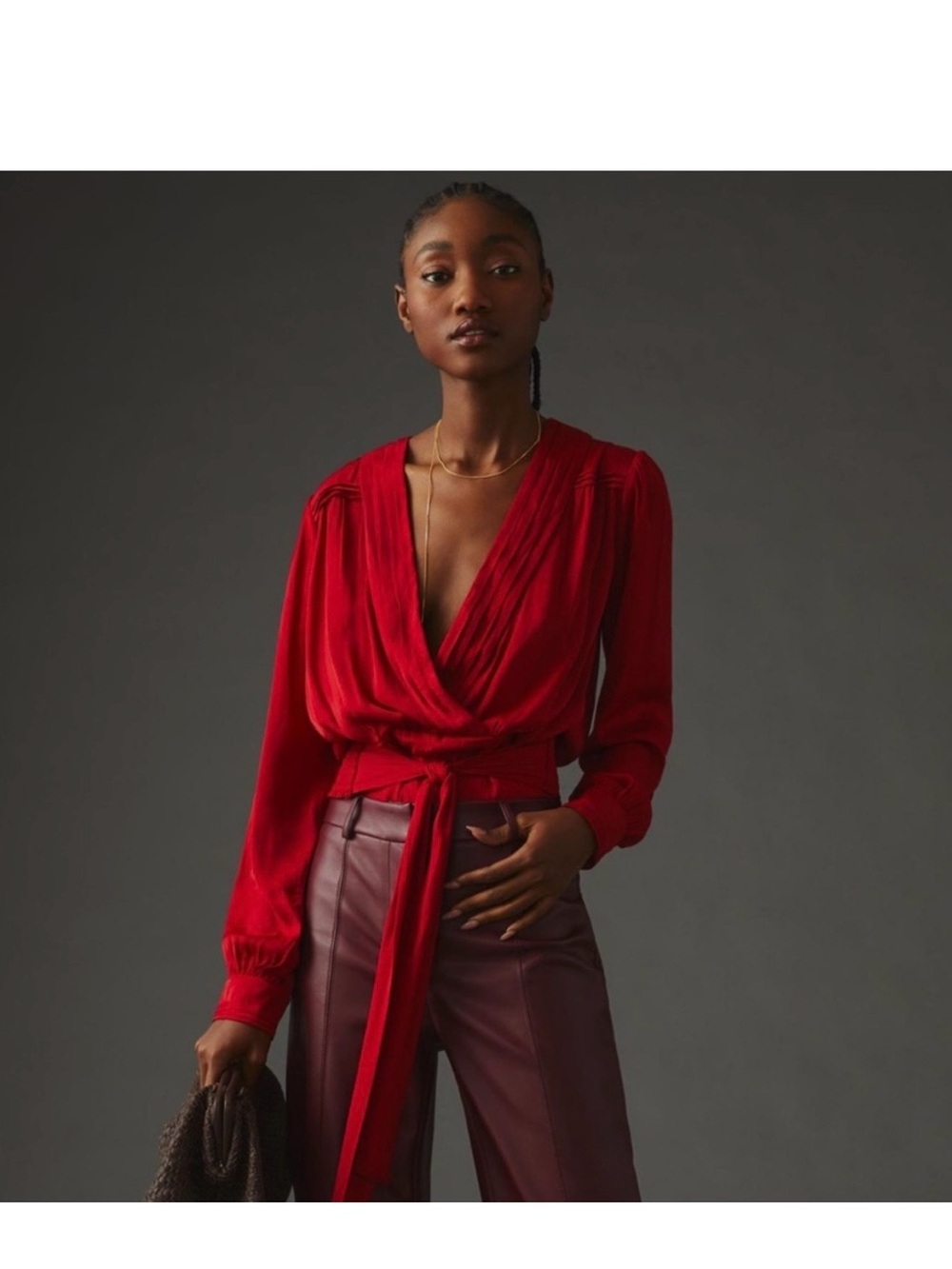 By Anthropologie Red Wrap Blouse with Tie Waist